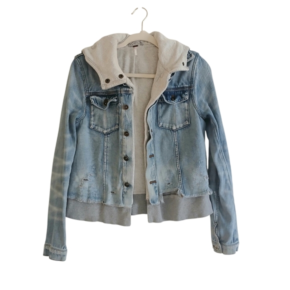 Free People Double Weave Distressed Denim Sweatshirt Jacket Women's S Thrashed - Picture 2 of 8